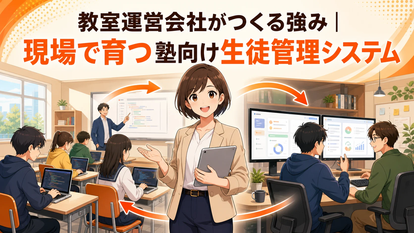 プログラミング教室の現場とシステム開発チームが改善を循環させるイラスト