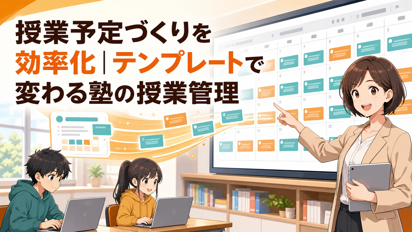 授業テンプレートから月間スケジュールを作る教室スタッフと生徒のイラスト
