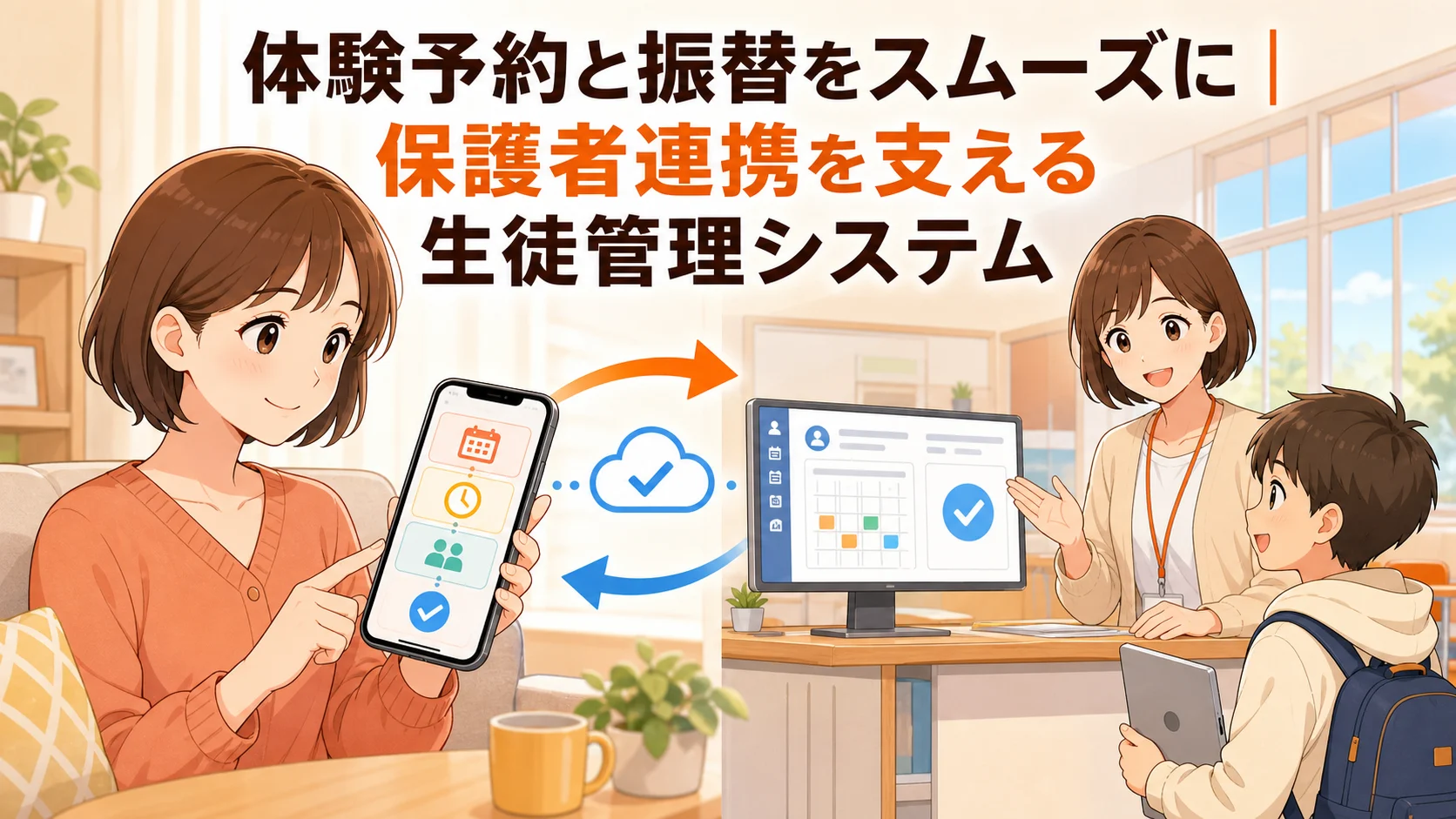 保護者のスマートフォン予約と教室の生徒管理システムが連携するイラスト