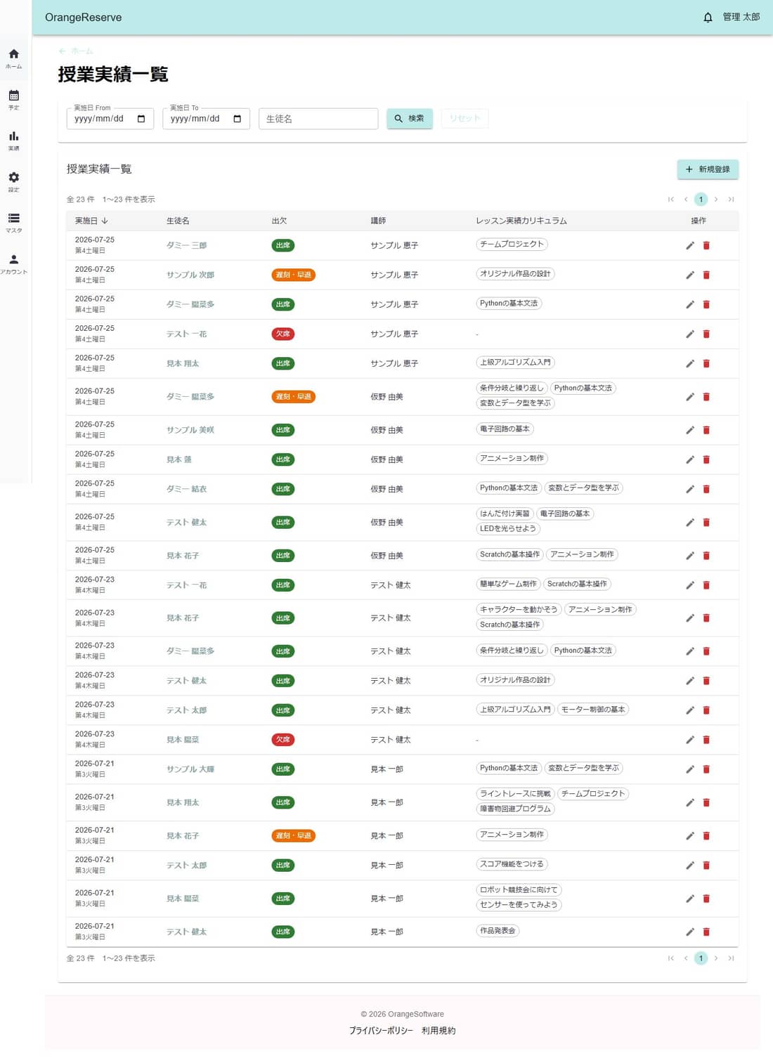 授業実績一覧